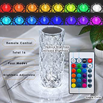 Rose Diamond Crystal Table Lamp – 16 Color RGB Touch Sensor