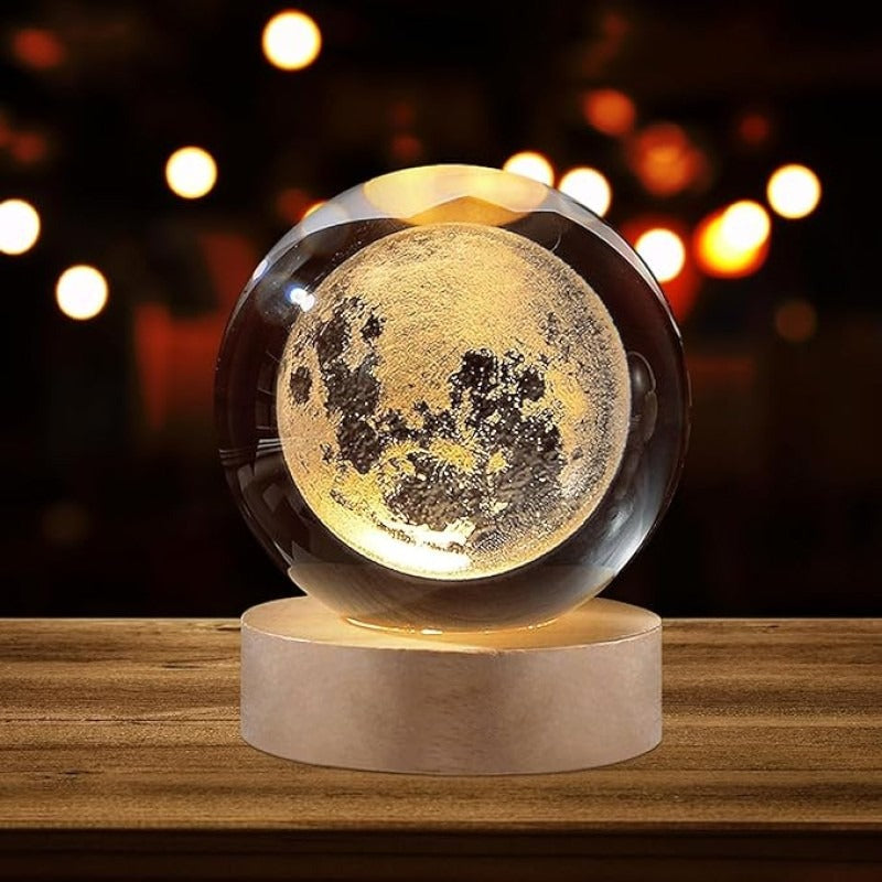 3D Galaxy Crystal Ball Lamp with Wooden LED Base – Decorative Night Light (Only Moon Shape)