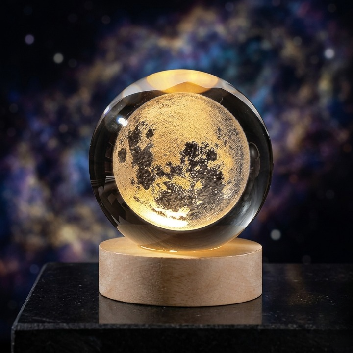 3D Galaxy Crystal Ball Lamp with Wooden LED Base – Decorative Night Light (Only Moon Shape)