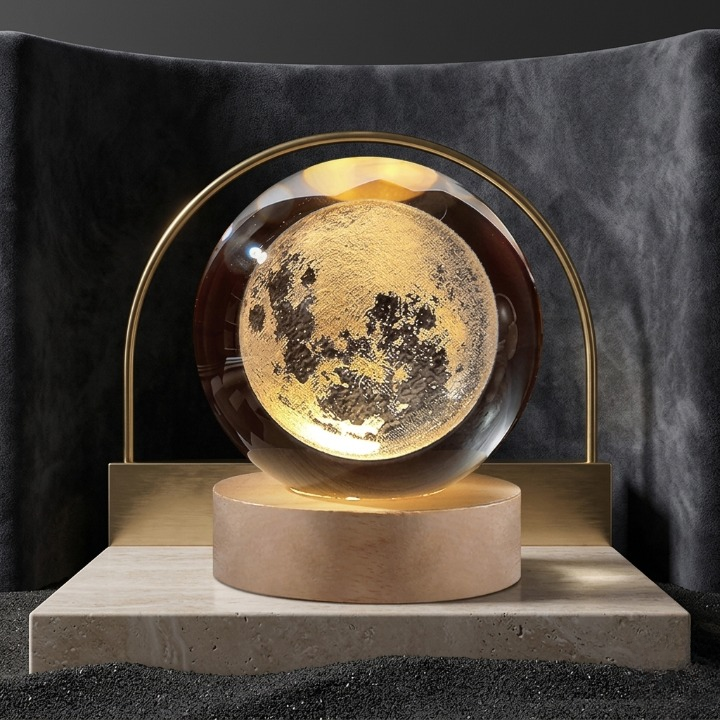 3D Galaxy Crystal Ball Lamp with Wooden LED Base – Decorative Night Light (Only Moon Shape)