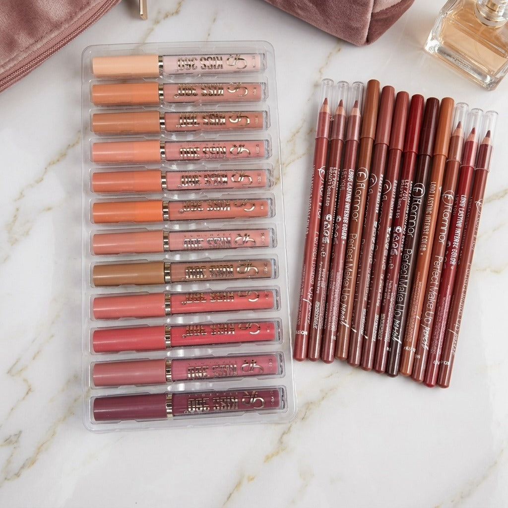 12 Pcs Lip Gloss Set + 12 Pcs Matte Lip Liner Set