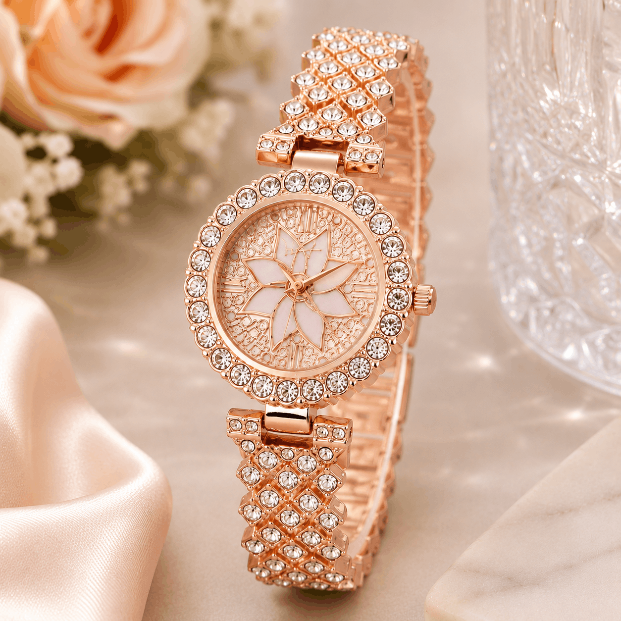 Luxury Floral Crystal Quartz Wrist Watch for Women